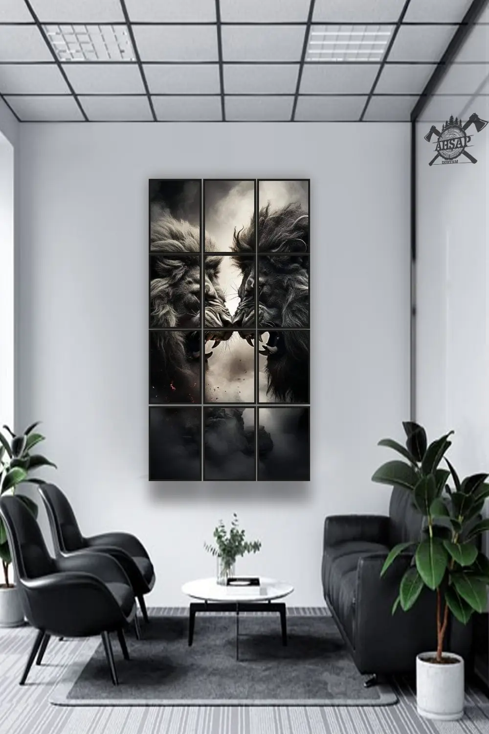 12 parça Çift Aslan Çerçeve Görünümlü Mdf tablo Duvar Süsü Hediye