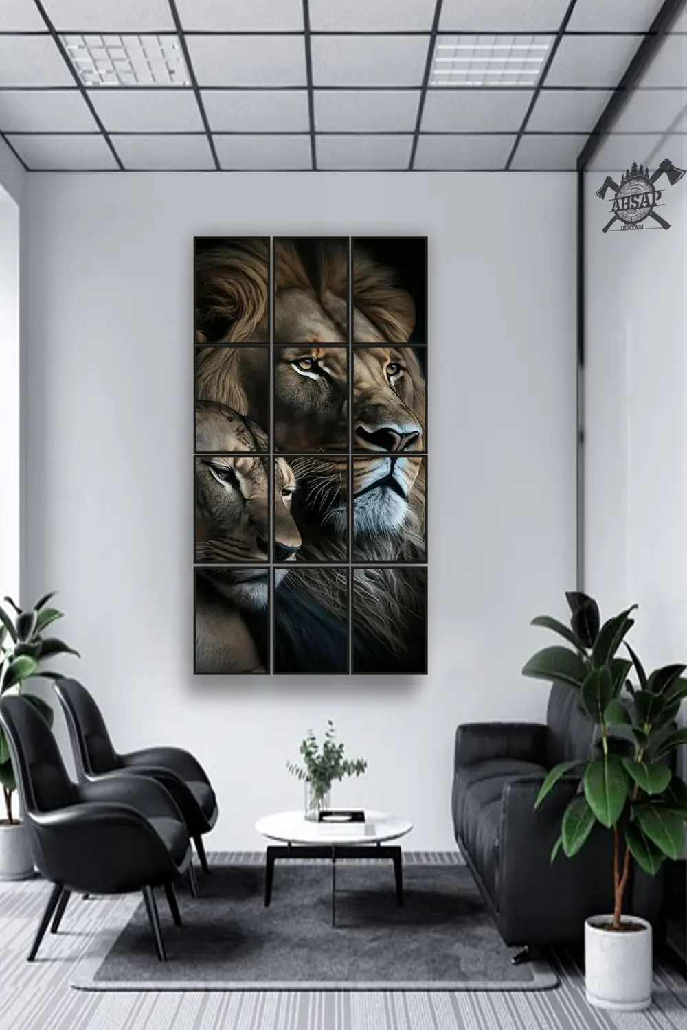 12 parça Çift Aslan Çerçeve Görünümlü Mdf tablo Duvar Süsü Hediye