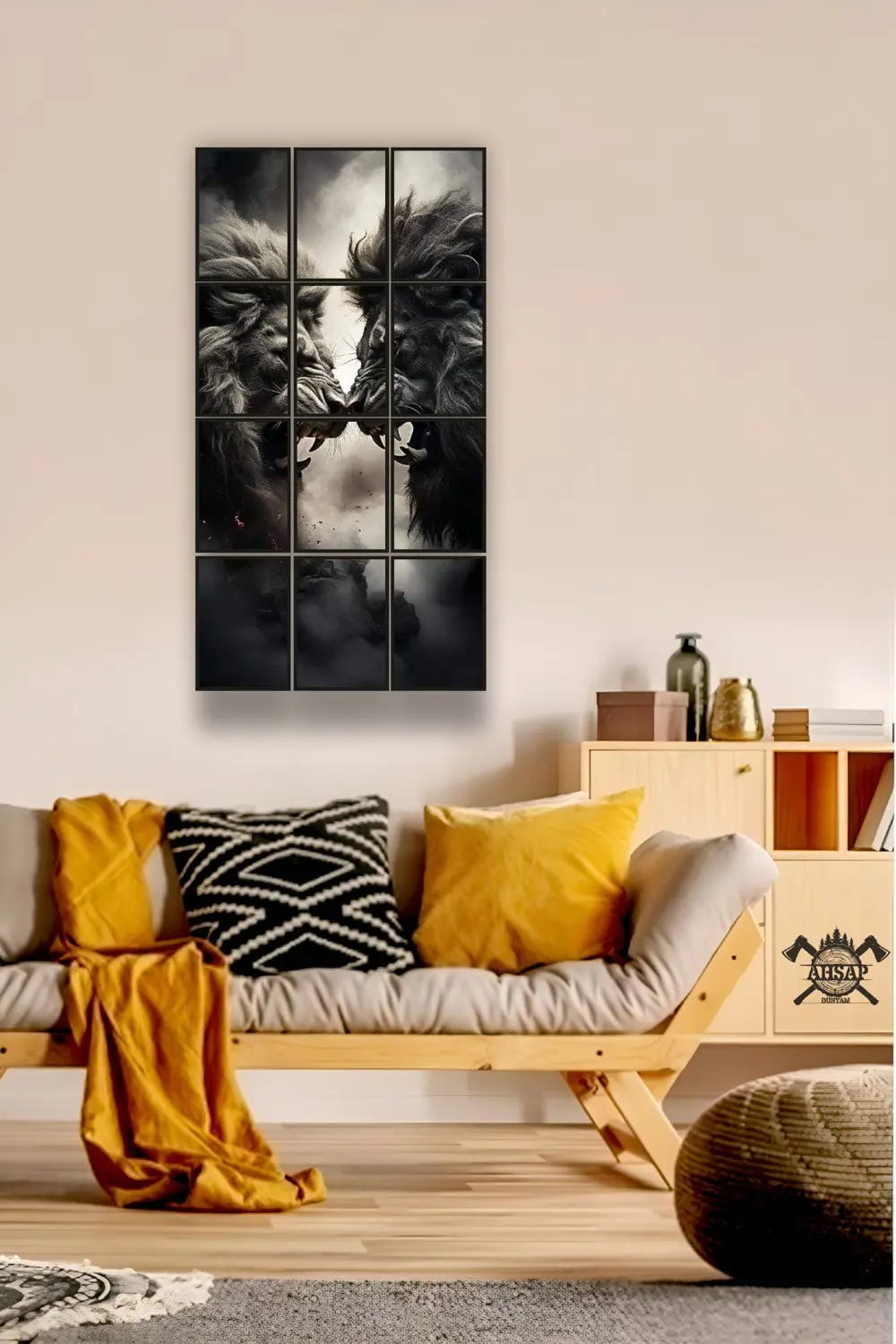 12 parça Çift Aslan Çerçeve Görünümlü Mdf tablo Duvar Süsü Hediye