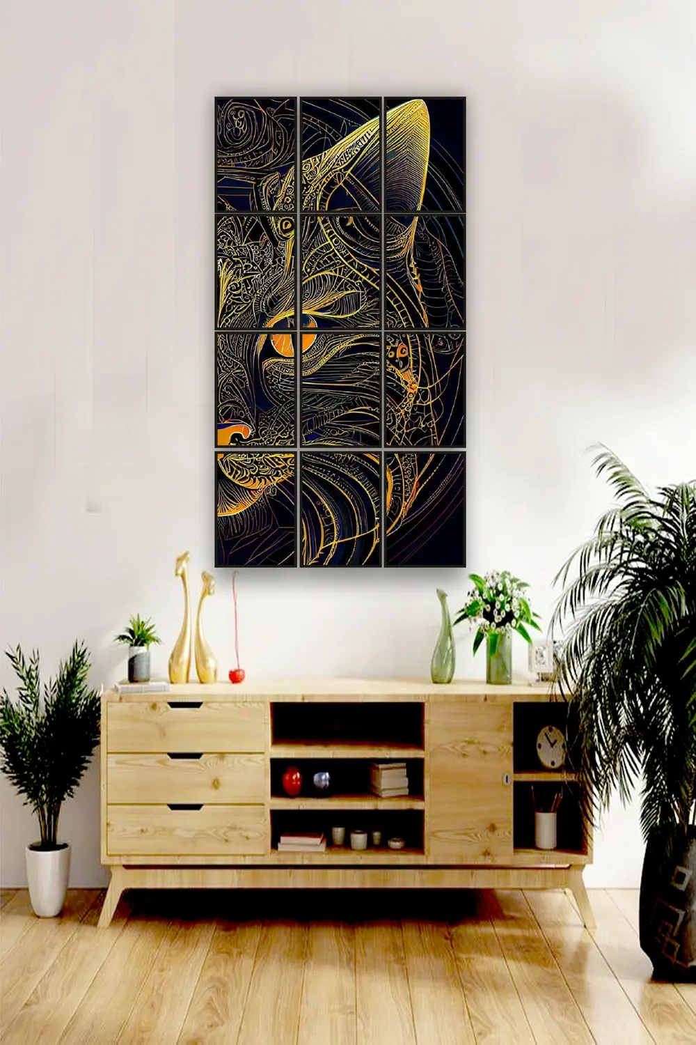 12 parça Çizgisel Kedi Çerçeve Görünümlü Mdf tablo Duvar Süsü Hed