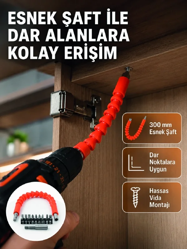 12 Parça Esnek Bits Uç Seti 300 mm Esnek Şaftlı Tornavida Uç Seti
