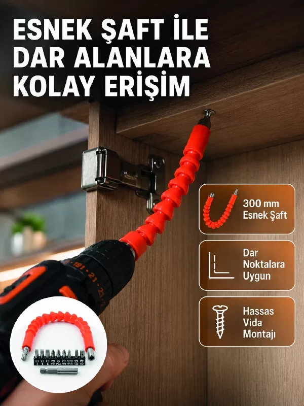 12 Parça Esnek Tornavida Uç Seti 300 mm Şaftlı - Dar Alanlarda Zorlananlar İçin