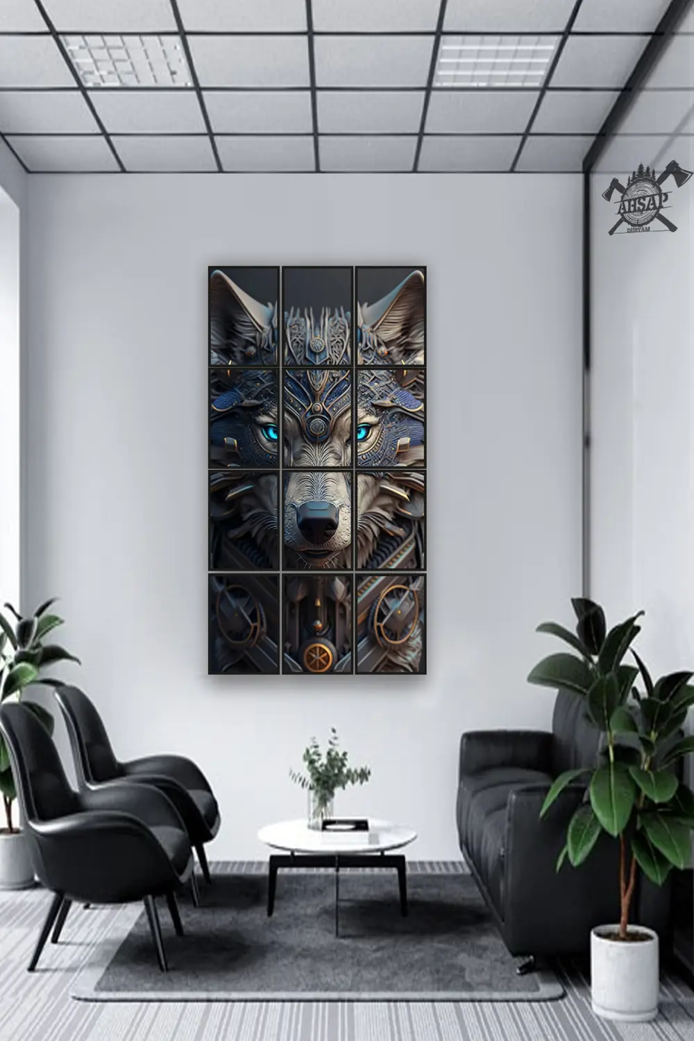 12 parça Gri Kurt Çerçeve Görünümlü Mdf tablo Duvar Süsü Hediyeli