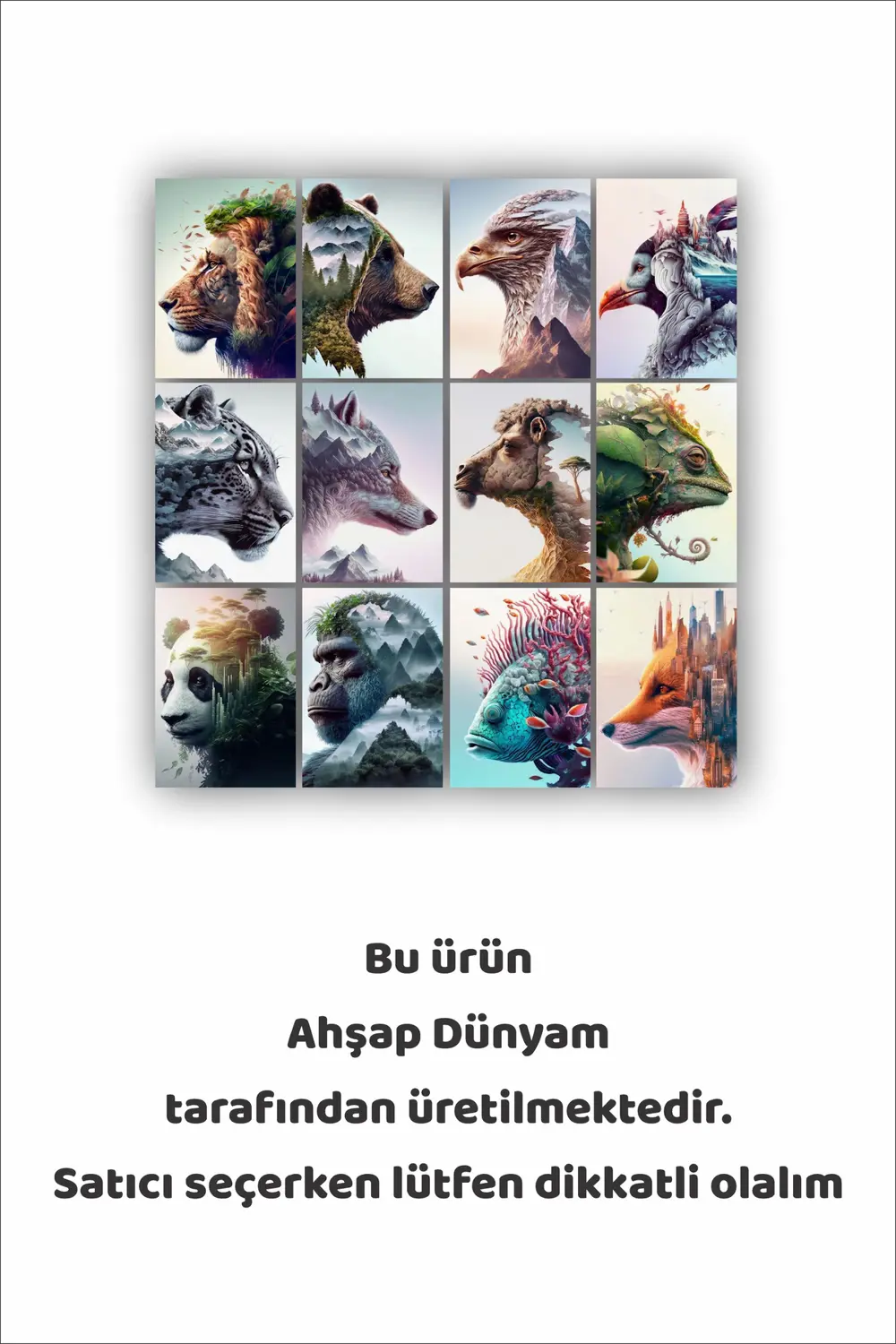12 parça Hayvan Resimleri Çerçeve Görünümlü Mdf tablo Duvar Süsü 