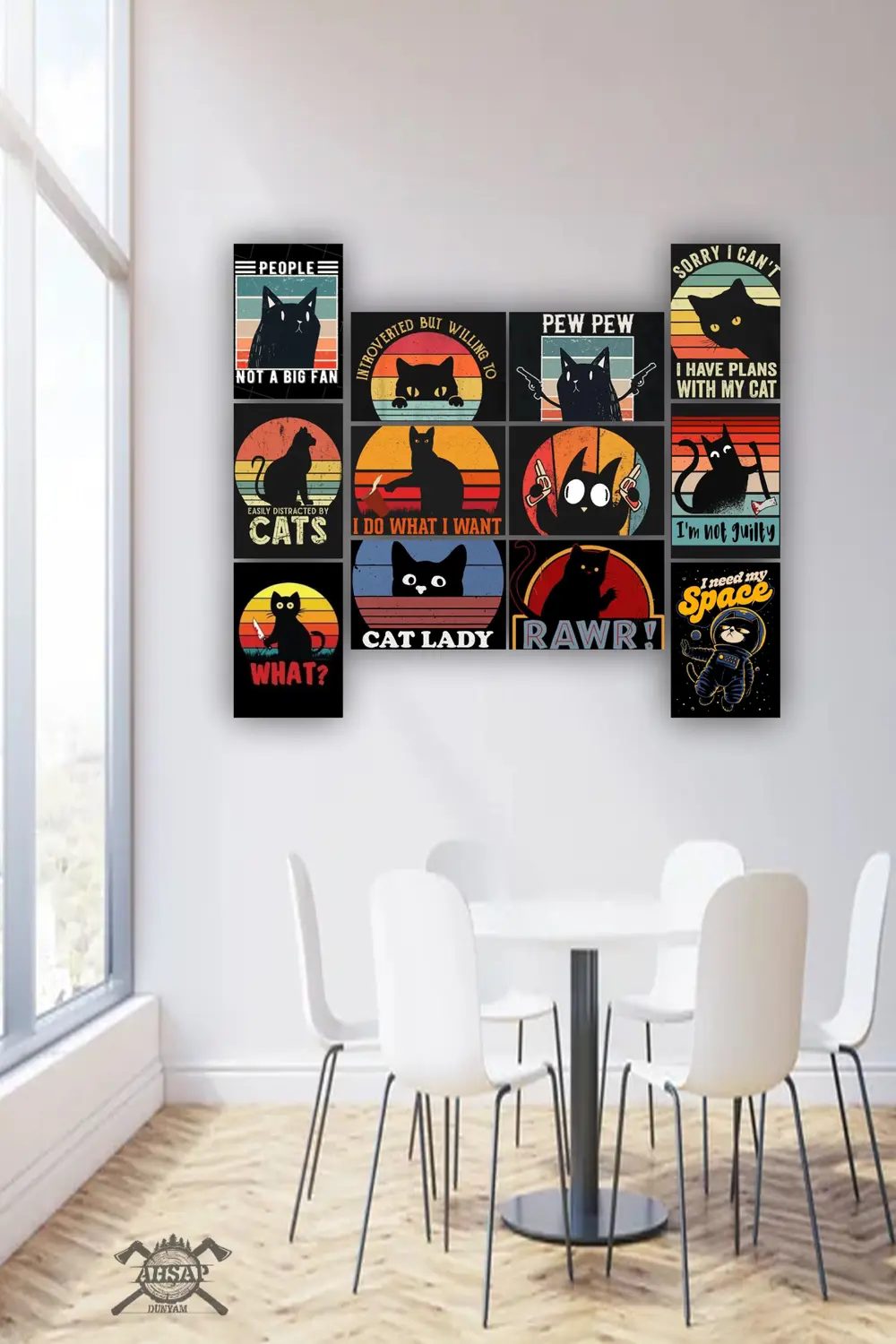 12 parça Kedi Resimleri Çerçeve Görünümlü Mdf tablo Duvar Süsü He