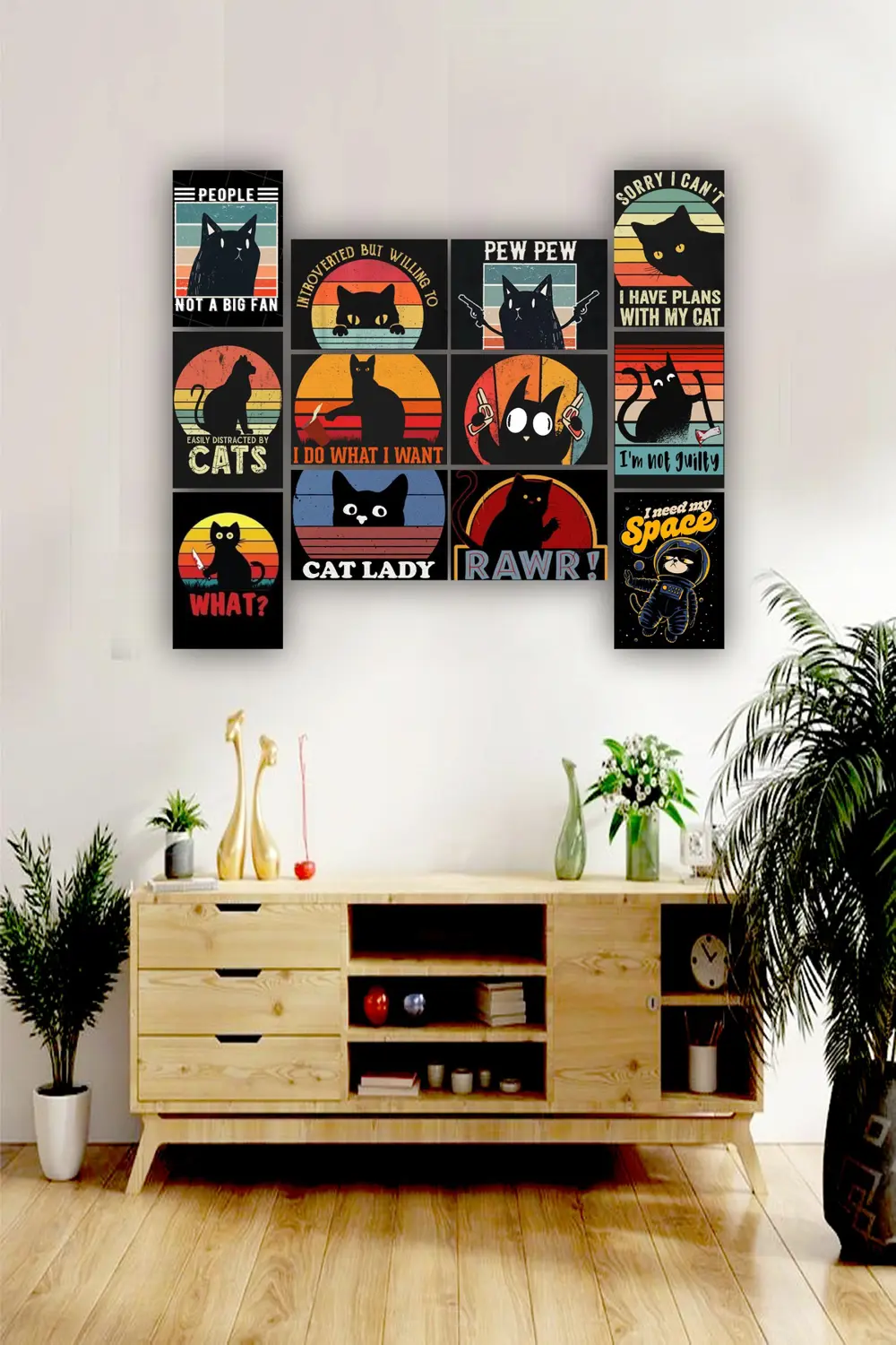 12 parça Kedi Resimleri Çerçeve Görünümlü Mdf tablo Duvar Süsü He