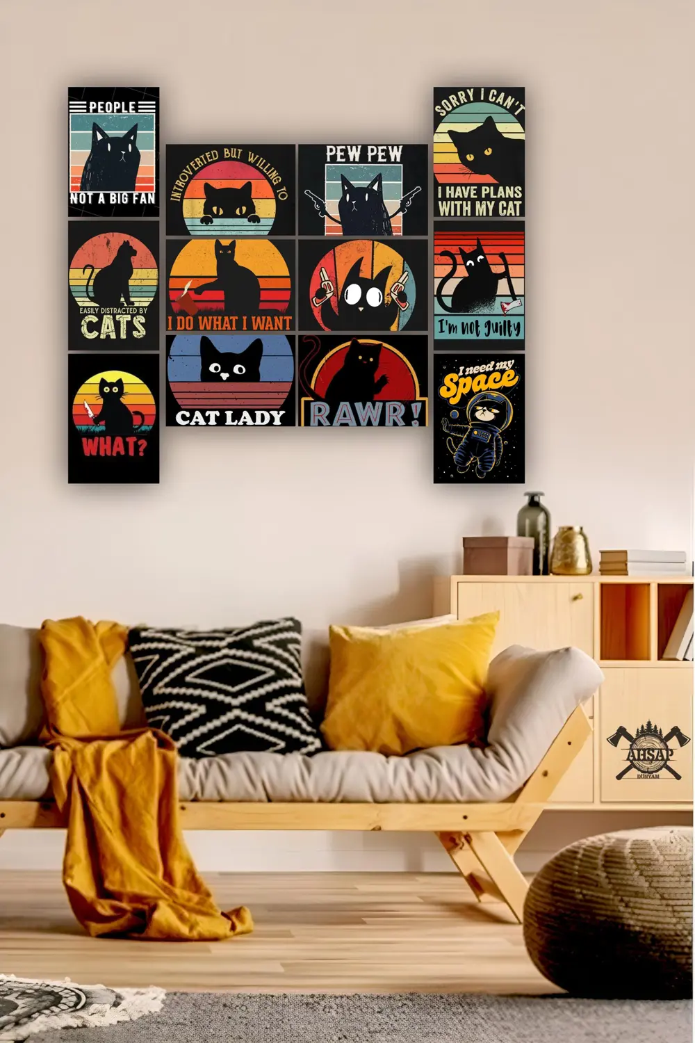 12 parça Kedi Resimleri Çerçeve Görünümlü Mdf tablo Duvar Süsü He