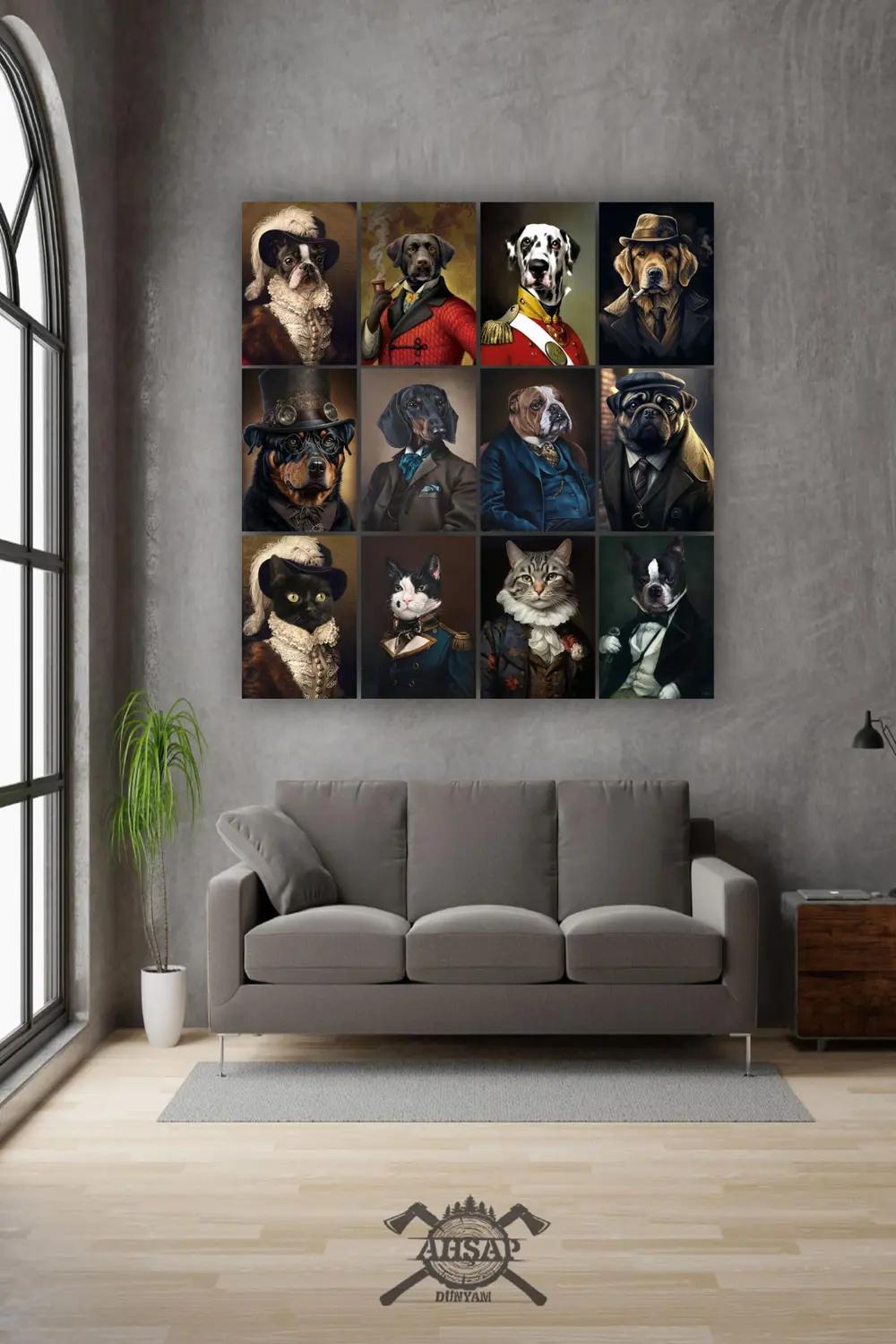 12 parça Kedi ve Köpek Resimleri Çerçeve Görünümlü Mdf tablo Duva