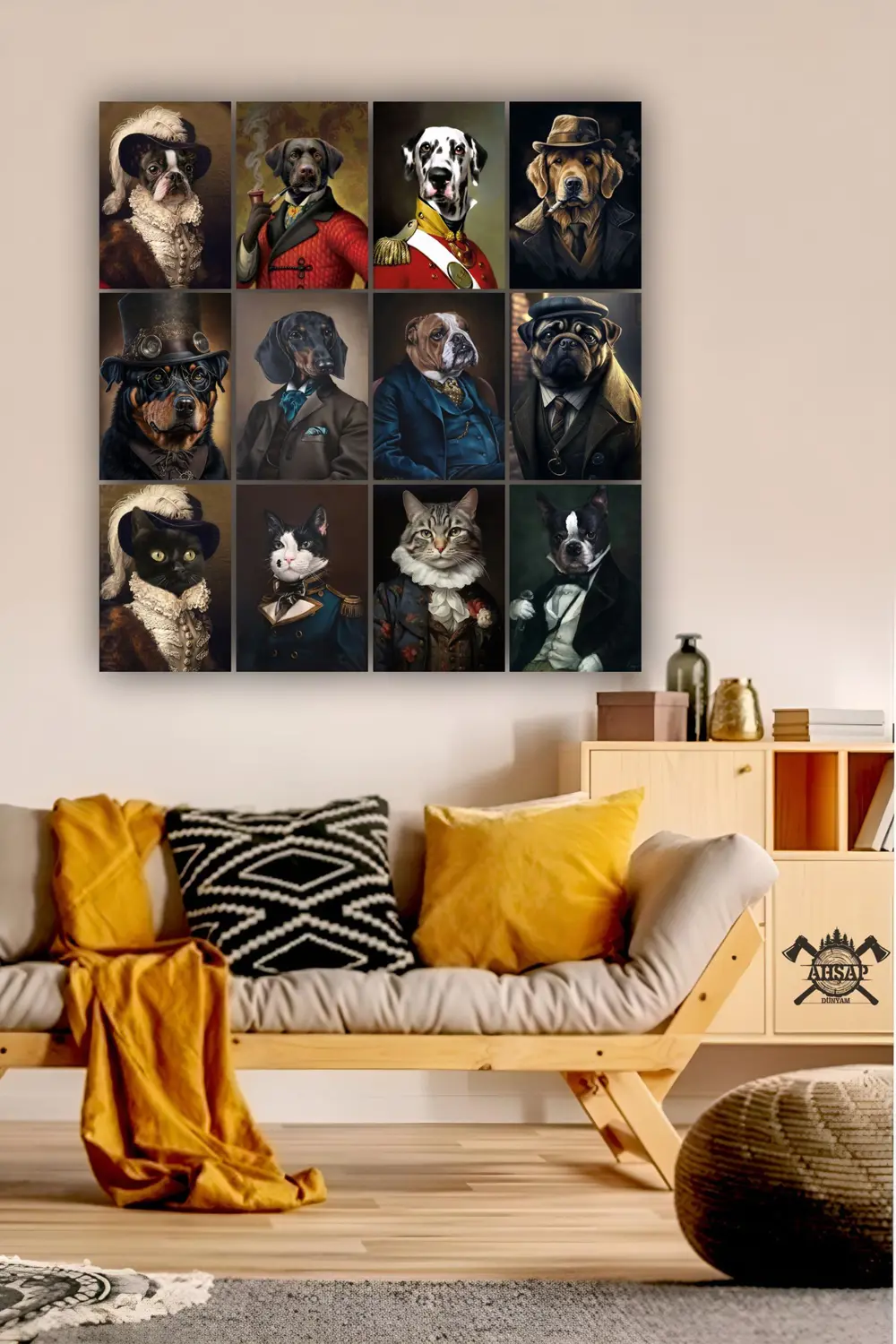 12 parça Kedi ve Köpek Resimleri Çerçeve Görünümlü Mdf tablo Duva