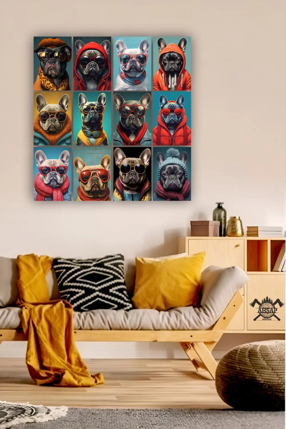 12 parça Köpek Resimleri Çerçeve Görünümlü Mdf tablo Duvar Süsü H