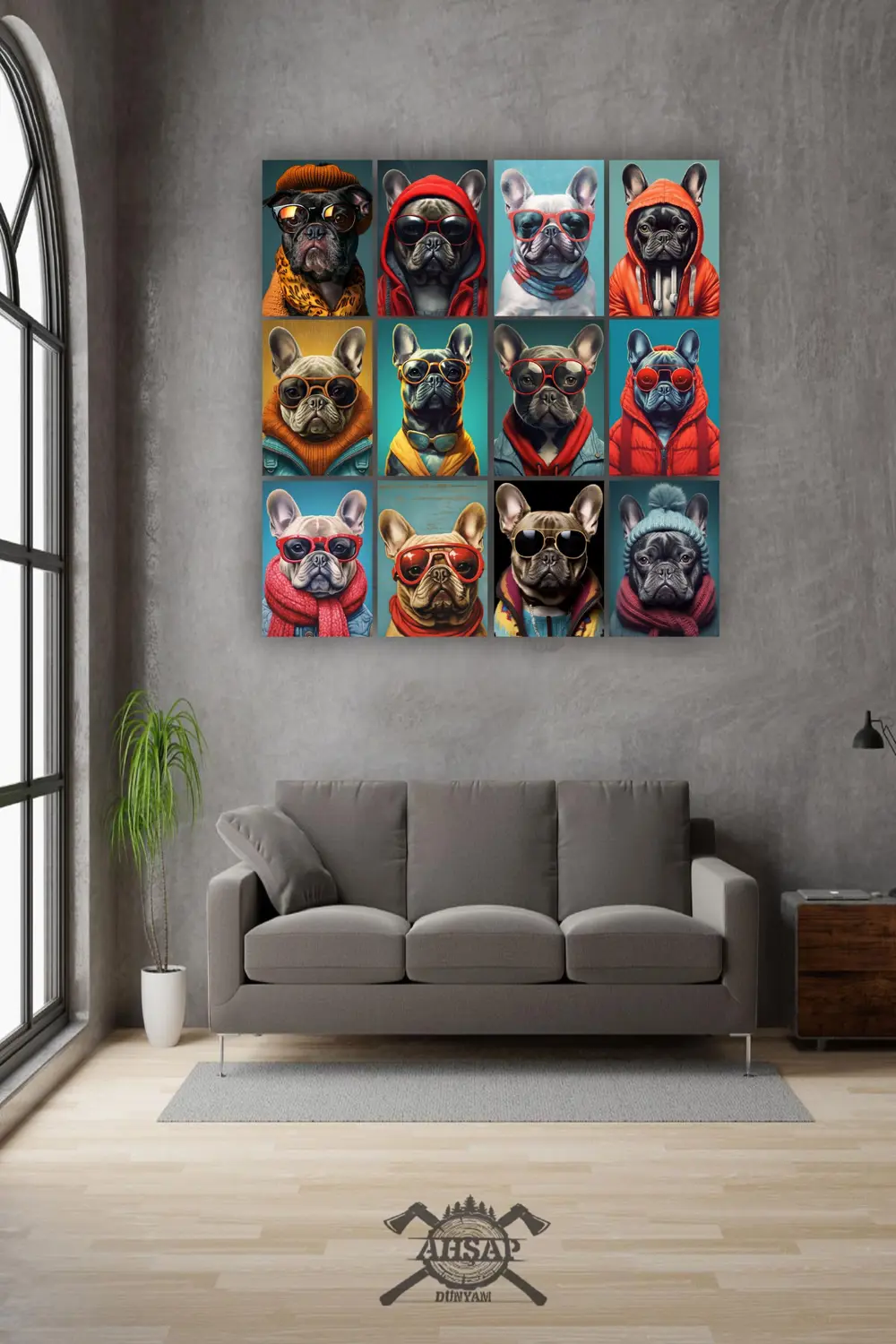 12 parça Köpek Resimleri Çerçeve Görünümlü Mdf tablo Duvar Süsü H