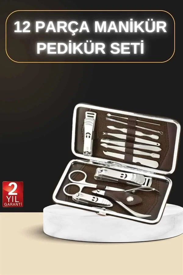 12 Parça Manikür Pedikür Seti - Özel Deri Çanta, Paslanmaz Çelik Aparatlar ve Akne Temizleme