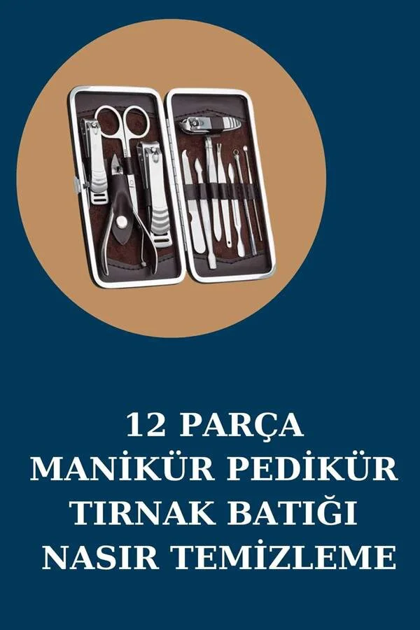 12 Parça Manikür Pedikür Seti - Özel Deri Çanta, Paslanmaz Çelik Aparatlar ve Akne Temizleme