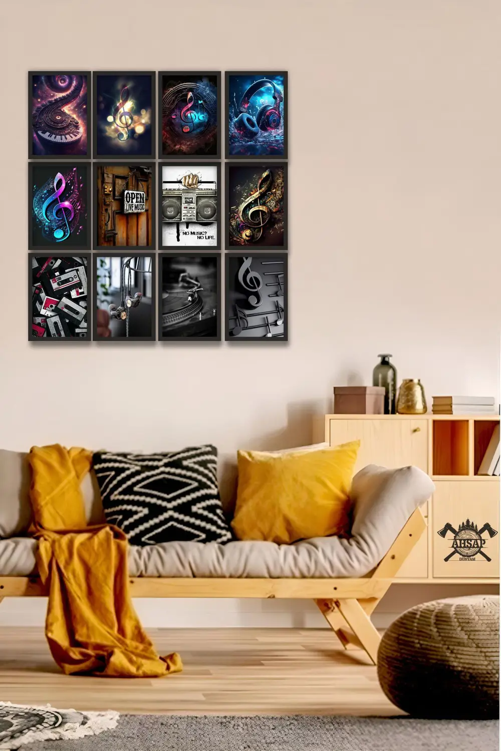 12 parça Müzik Kulaklıt Çerçeve Görünümlü Mdf tablo Duvar Süsü He