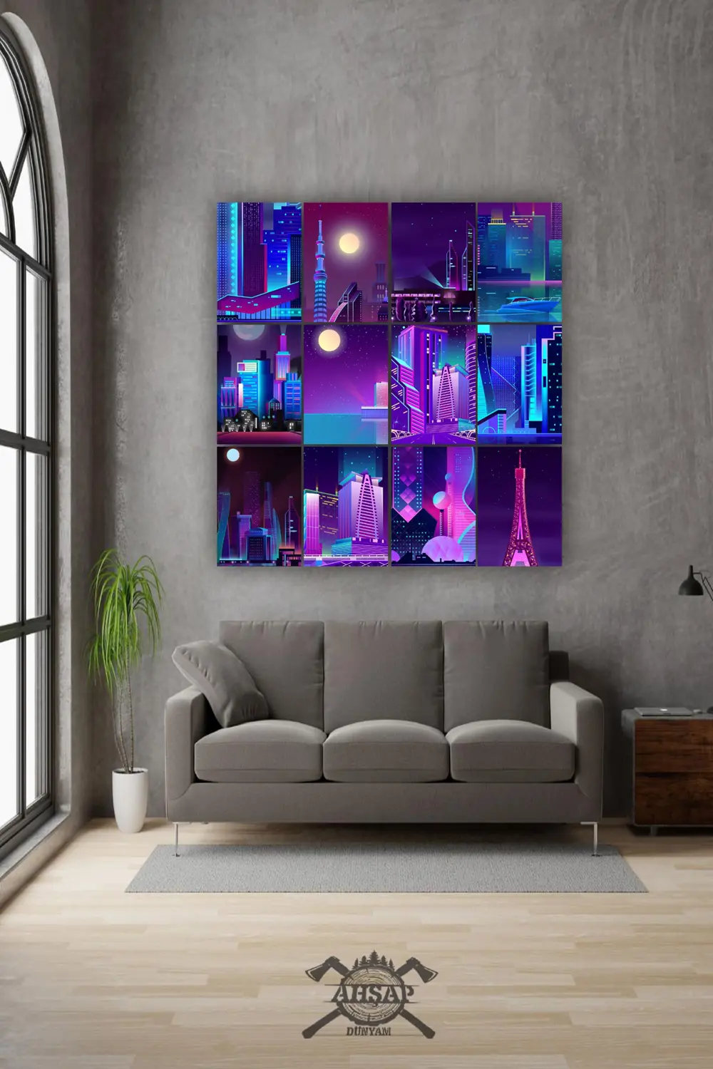 12 parça Neon Manzara Resimleri Çerçeve Görünümlü Mdf tablo Duvar