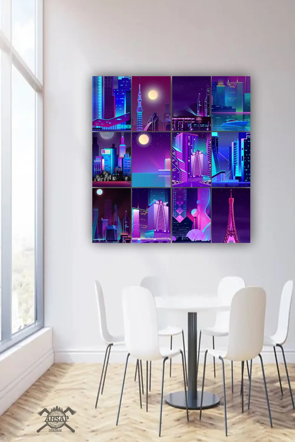 12 parça Neon Manzara Resimleri Çerçeve Görünümlü Mdf tablo Duvar