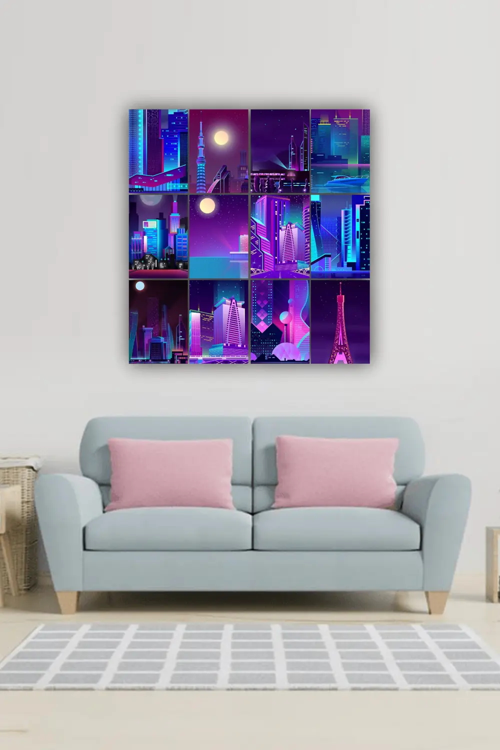 12 parça Neon Manzara Resimleri Çerçeve Görünümlü Mdf tablo Duvar
