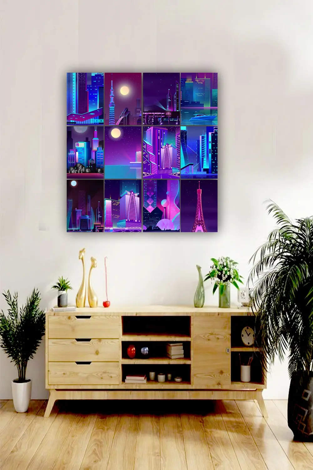 12 parça Neon Manzara Resimleri Çerçeve Görünümlü Mdf tablo Duvar