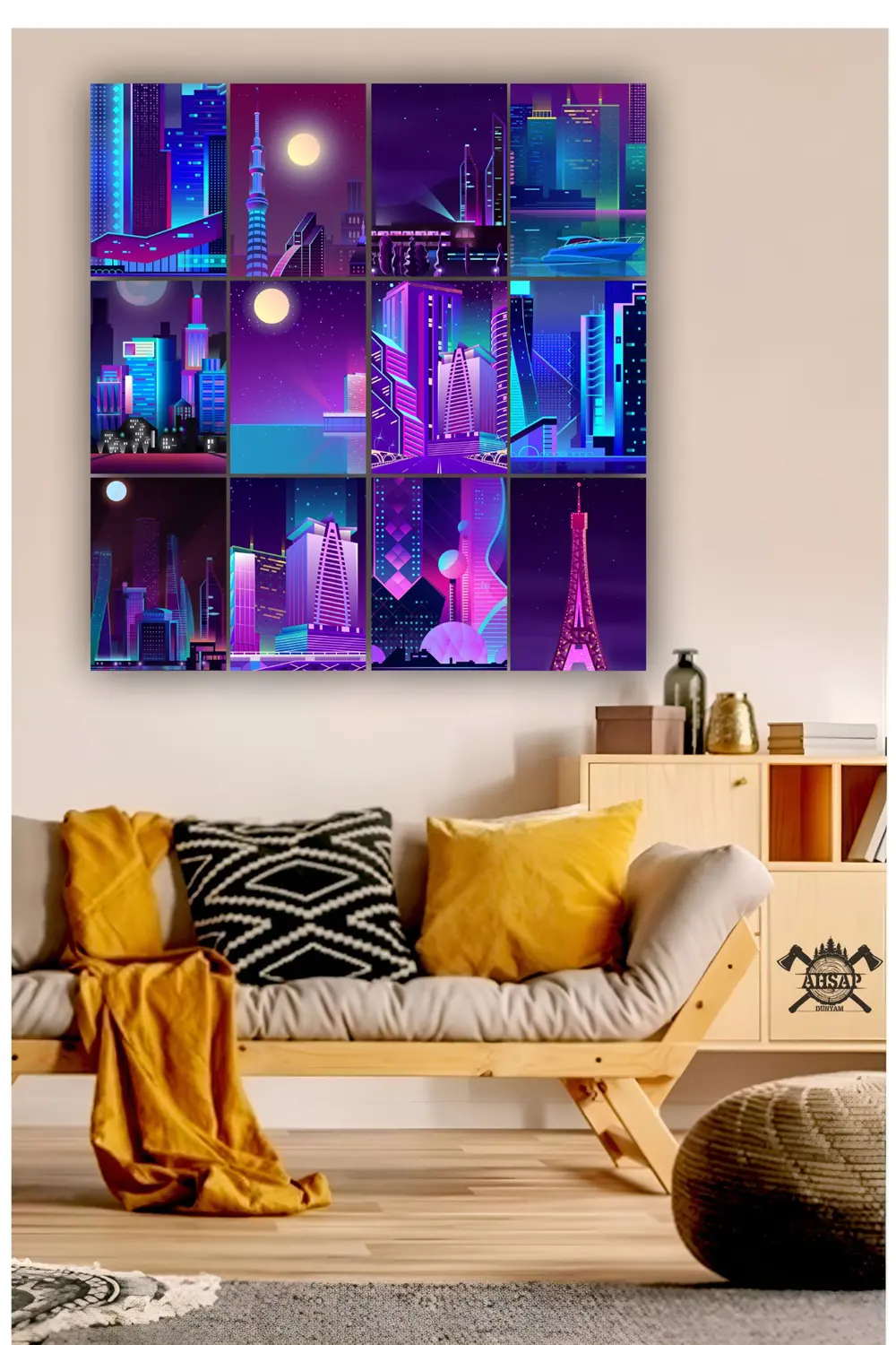 12 parça Neon Manzara Resimleri Çerçeve Görünümlü Mdf tablo Duvar
