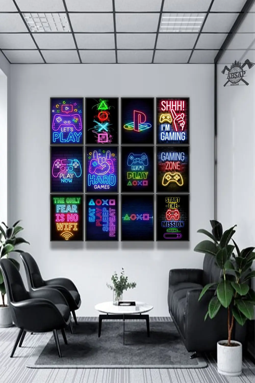 12 parça Neon Playstion Gamer Çerçeve Görünümlü Mdf tablo Duvar S