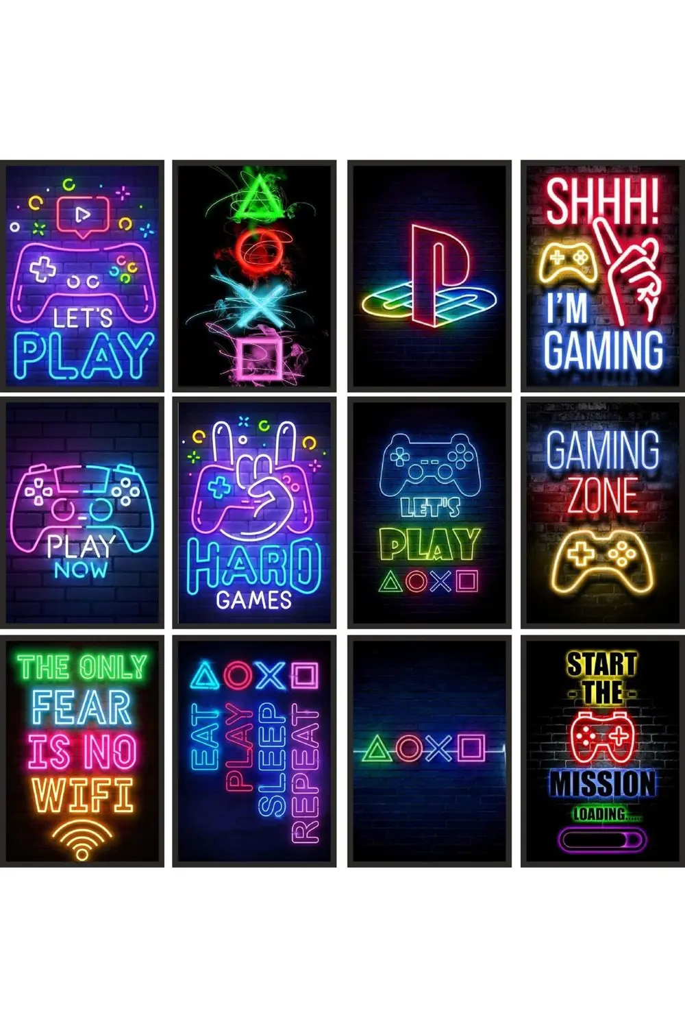 12 parça Neon Playstion Gamer Çerçeve Görünümlü Mdf tablo Duvar S