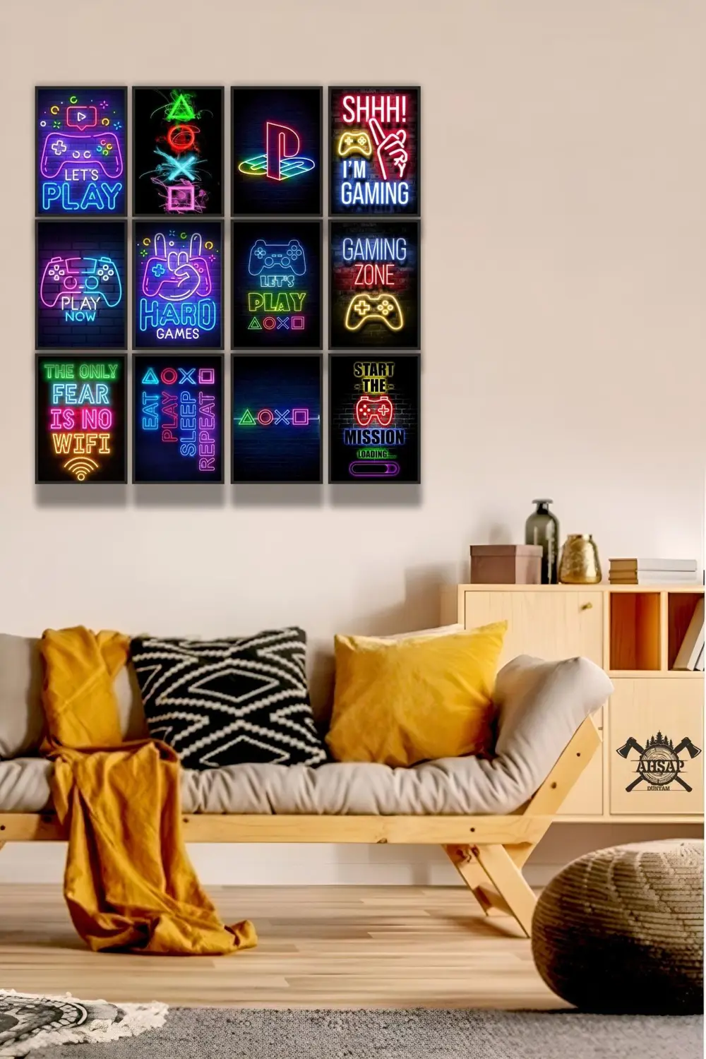 12 parça Neon Playstion Gamer Çerçeve Görünümlü Mdf tablo Duvar S