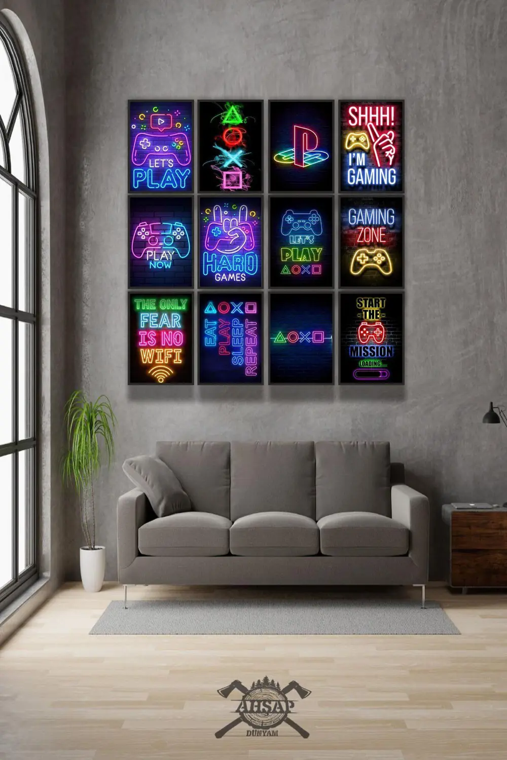12 parça Neon Playstion Gamer Çerçeve Görünümlü Mdf tablo Duvar S
