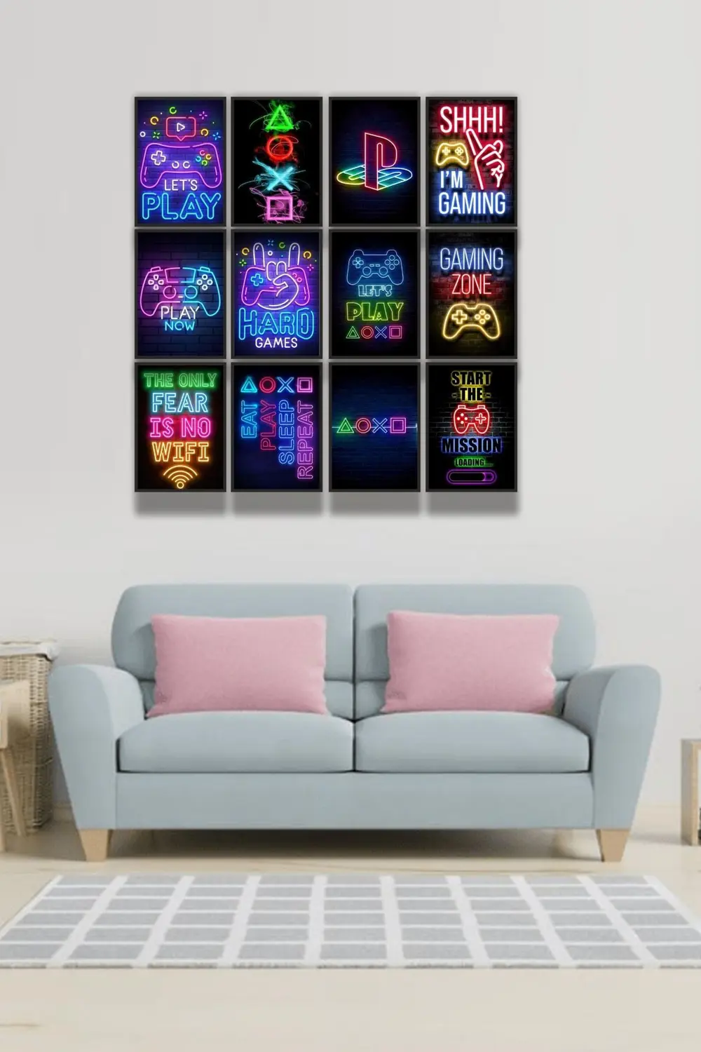 12 parça Neon Playstion Gamer Çerçeve Görünümlü Mdf tablo Duvar S