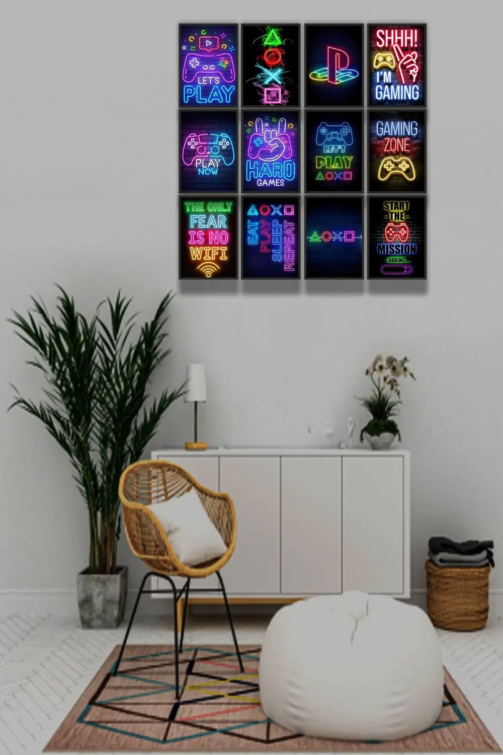 12 parça Neon Playstion Gamer Çerçeve Görünümlü Mdf tablo Duvar S