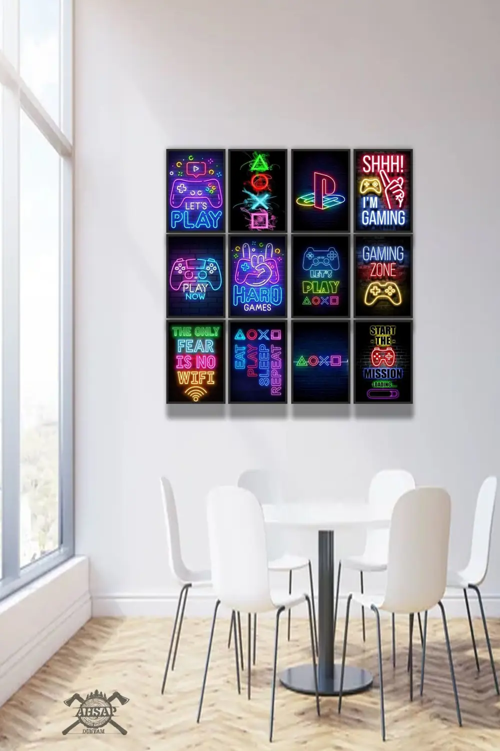 12 parça Neon Playstion Gamer Çerçeve Görünümlü Mdf tablo Duvar S