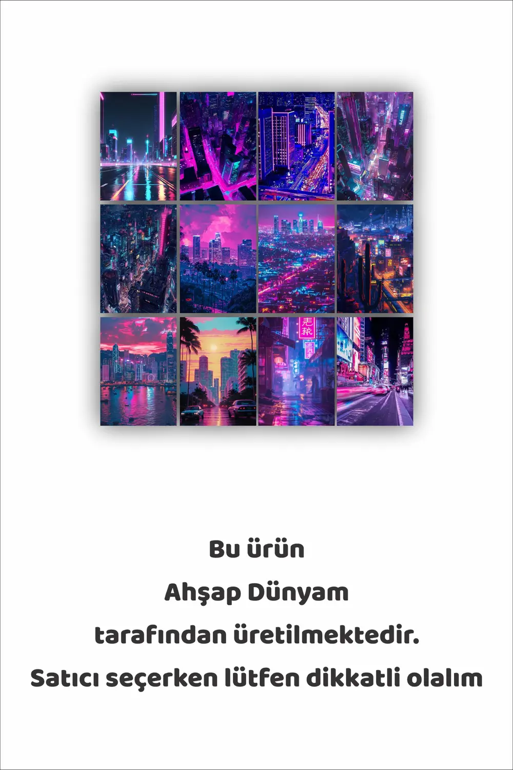 12 parça Neon Şehir Resimleri Çerçeve Görünümlü Mdf tablo Duvar S
