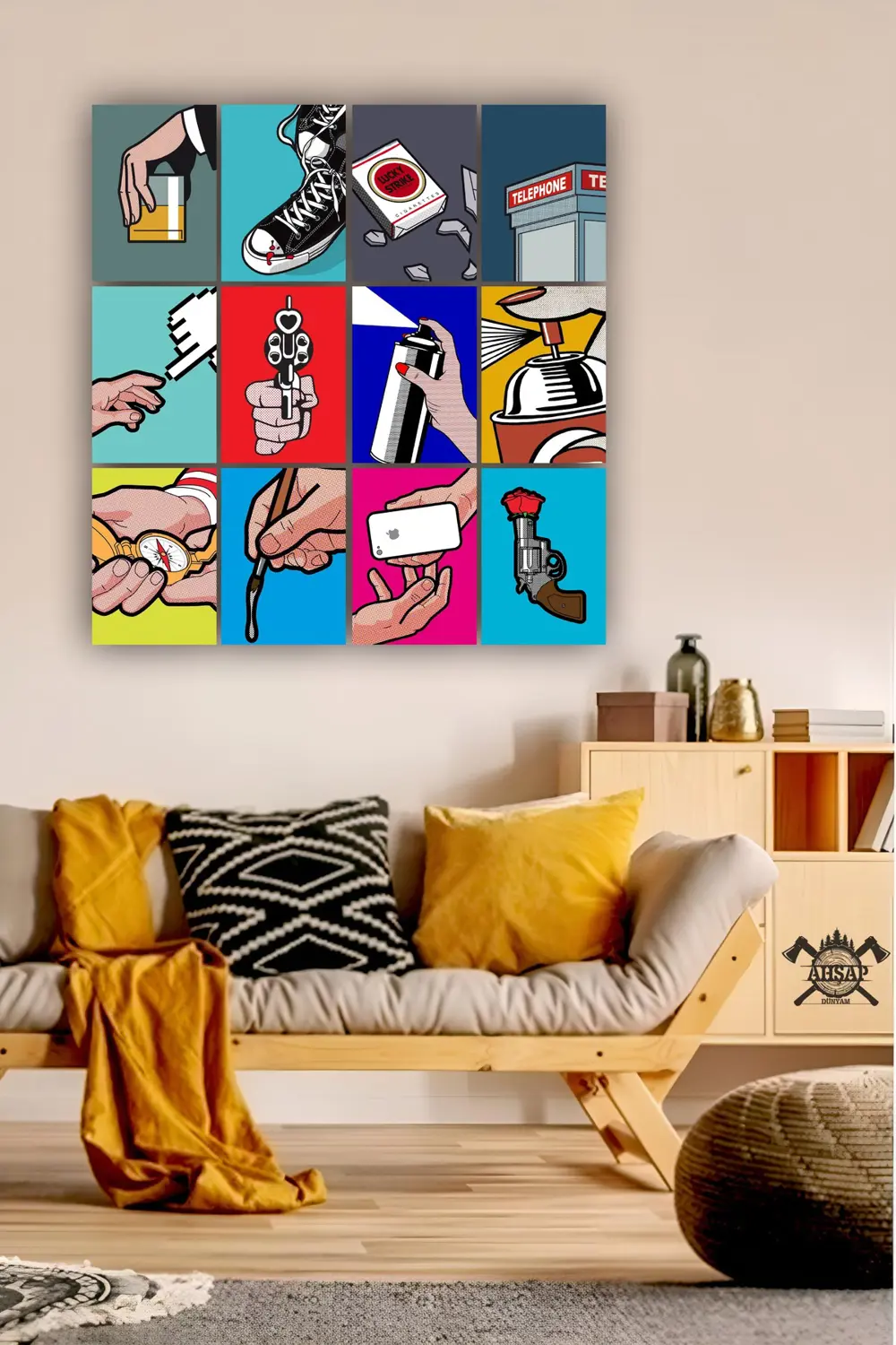 12 parça Pop Art Resimleri Çerçeve Görünümlü Mdf tablo Duvar Süsü