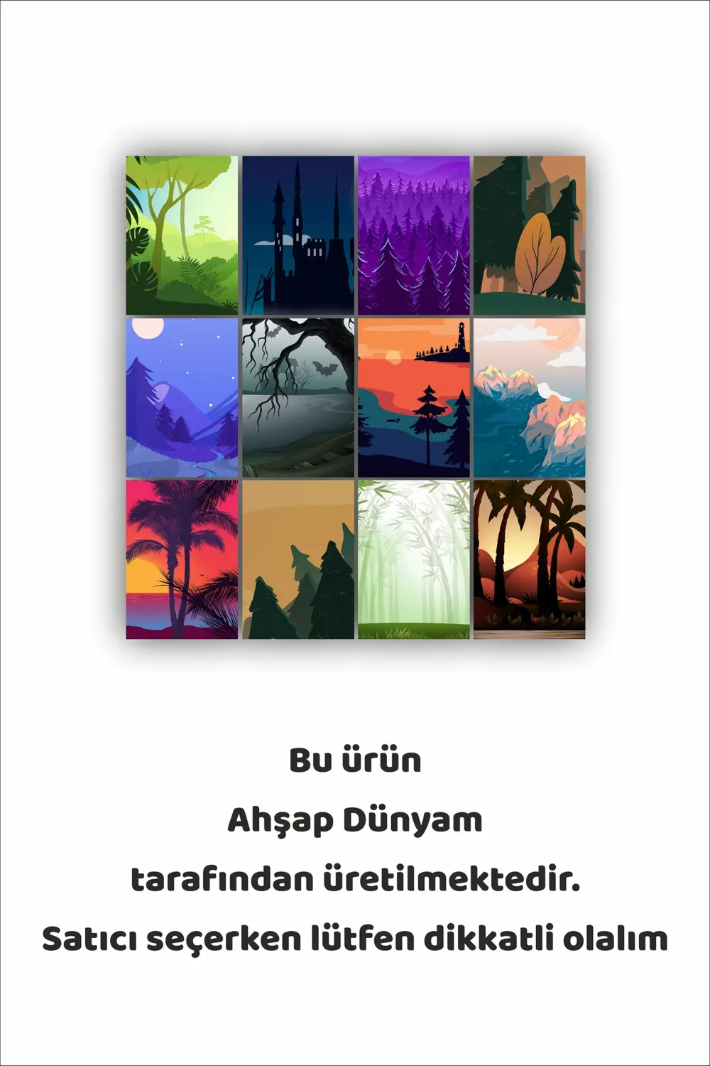 12 parça Renkli Ağaç Manzara Resimleri Çerçeve Görünümlü Mdf tabl