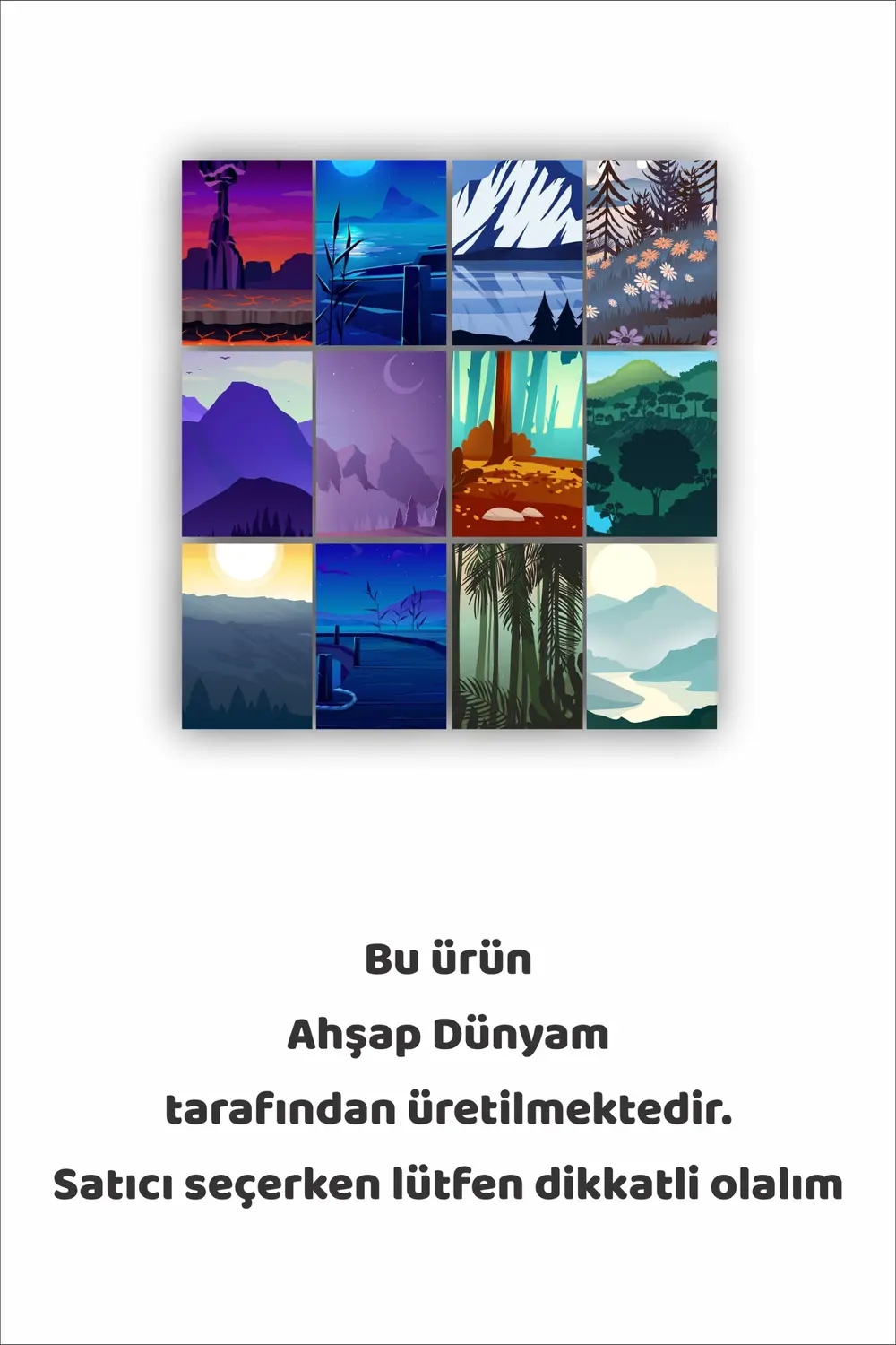 12 parça Renkli Ağaç ve Dağ Manzara Resimleri Çerçeve Görünümlü M