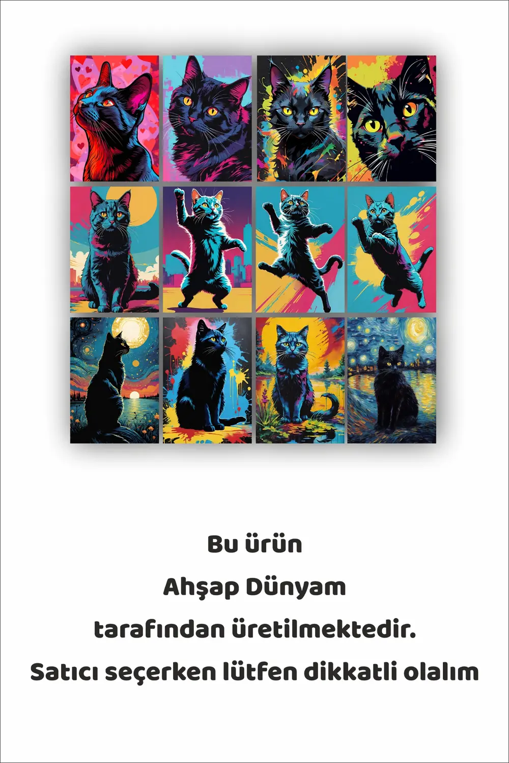 12 parça Renkli Kedi Resimleri Çerçeve Görünümlü Mdf tablo Duvar 