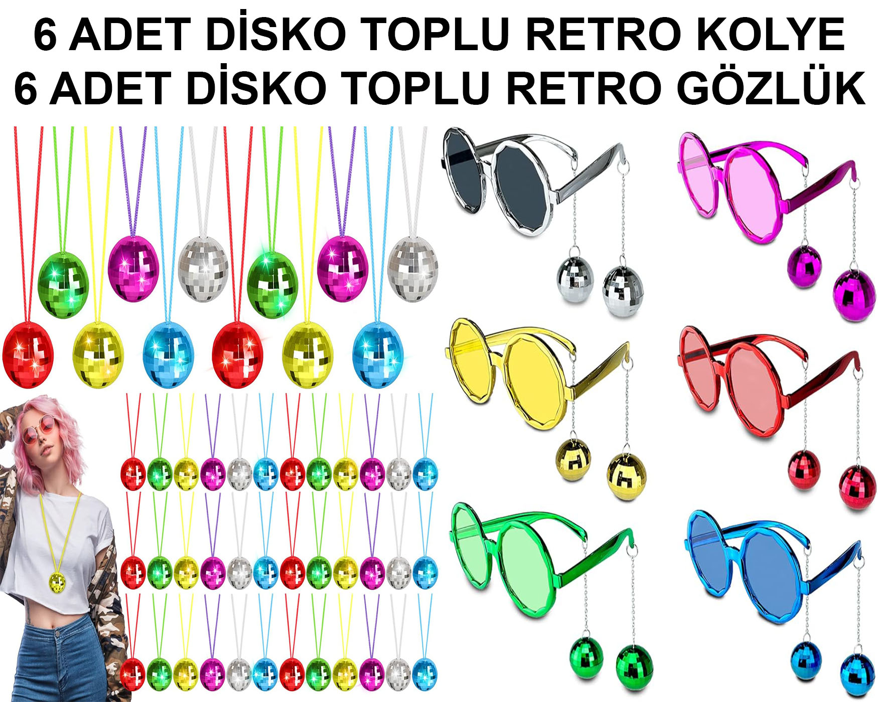 Renkli Disko Toplu Retro Parti Seti 12 Parça Gözlük ve Kolye