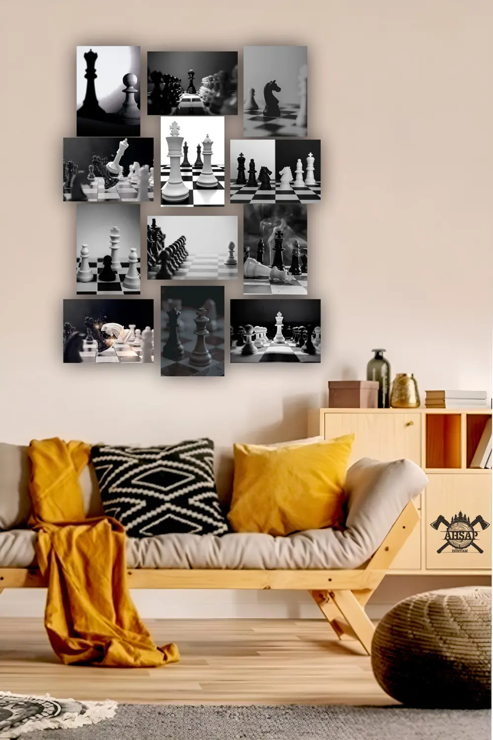 12 parça Satranç Resimleri Çerçeve Görünümlü Mdf tablo Duvar Süsü