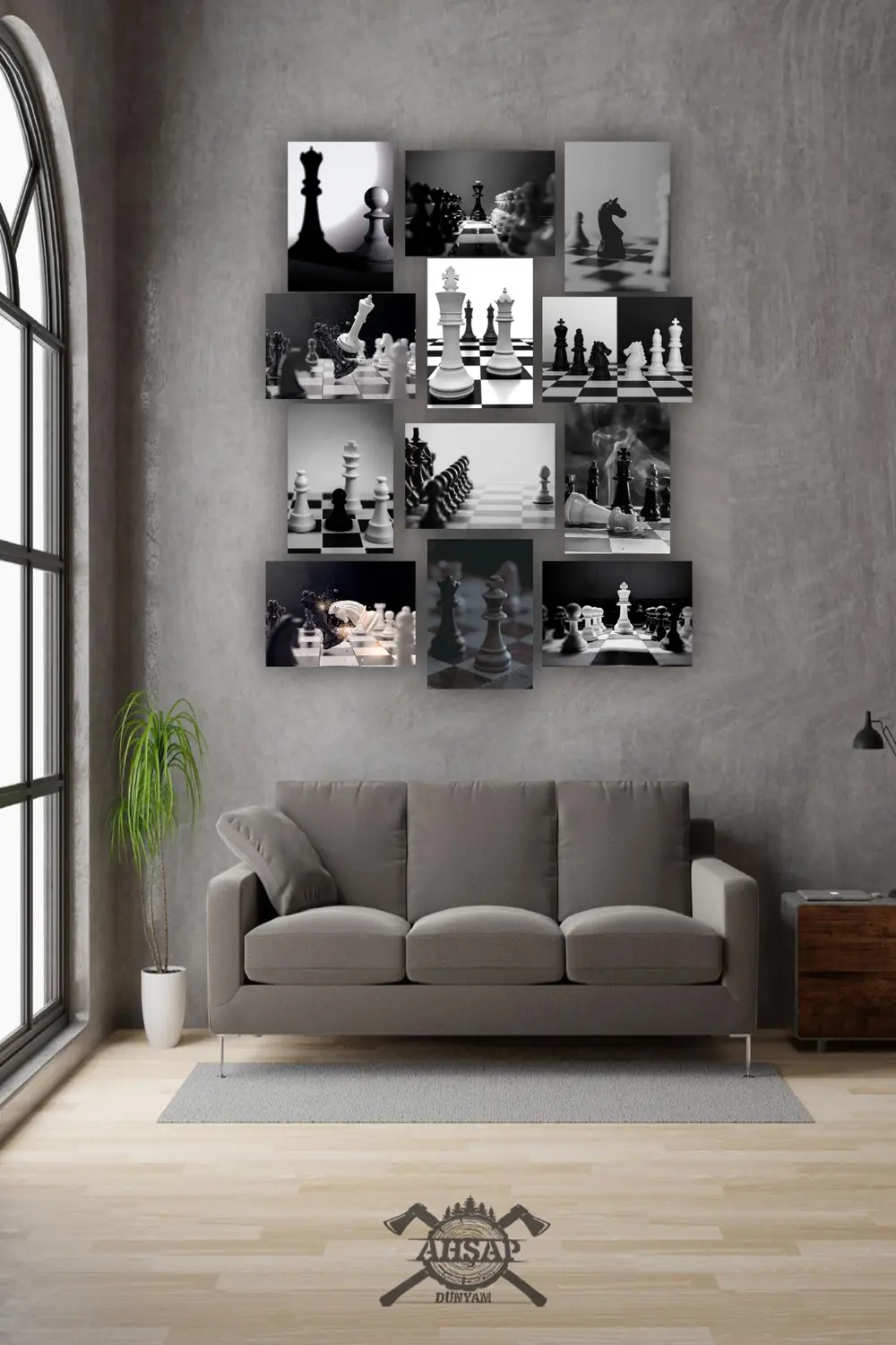 12 parça Satranç Resimleri Çerçeve Görünümlü Mdf tablo Duvar Süsü
