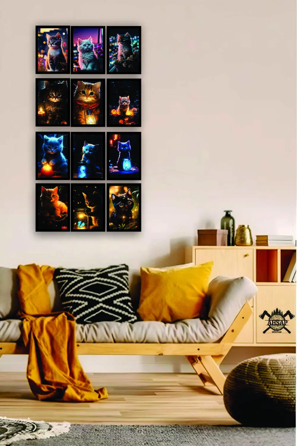 12 parça Sevimli Kedicikler Çerçeve Görünümlü Mdf tablo Duvar Süs