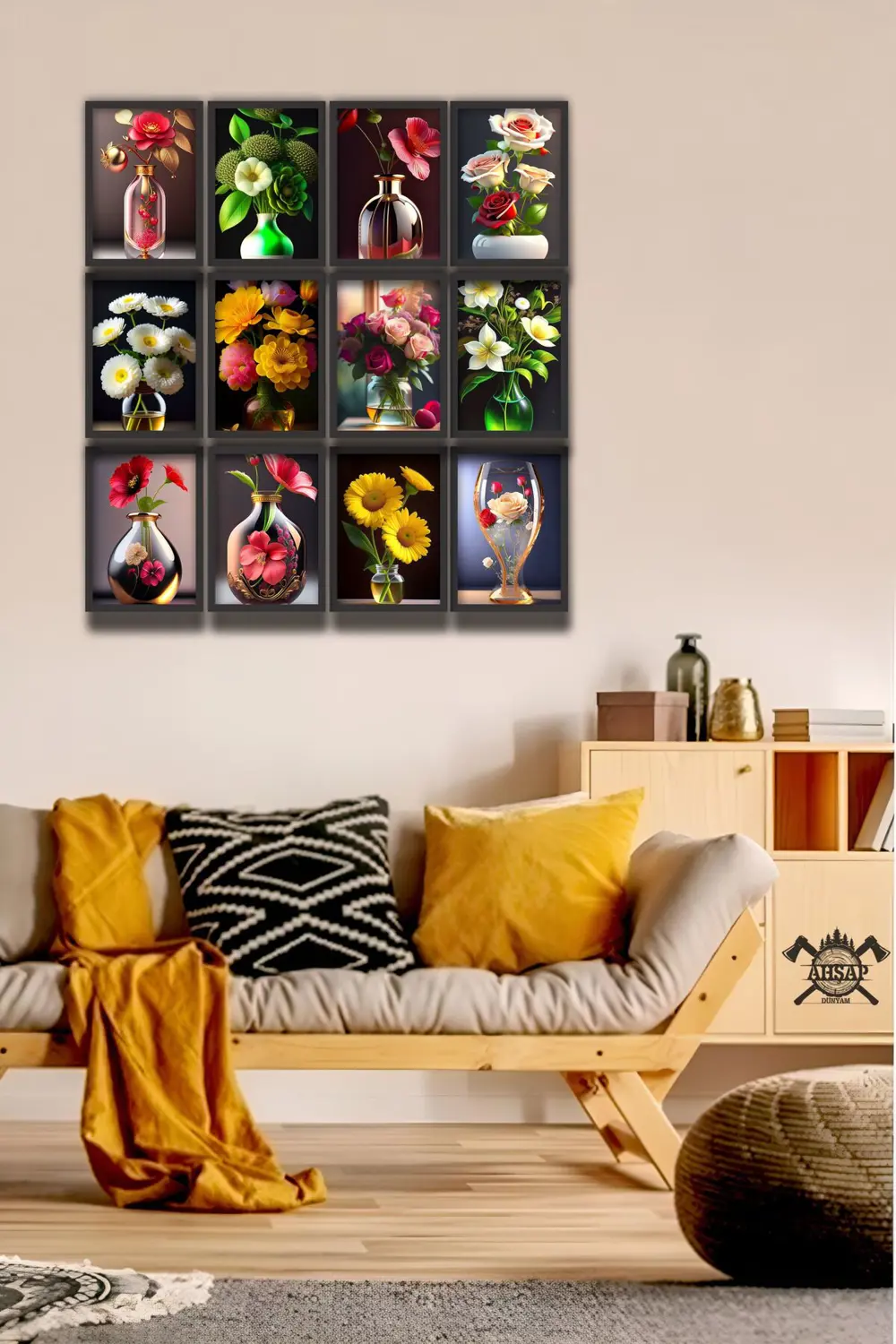 12 parça Vazo Çiçek Çerçeve Görünümlü Mdf tablo Duvar Süsü Hediye