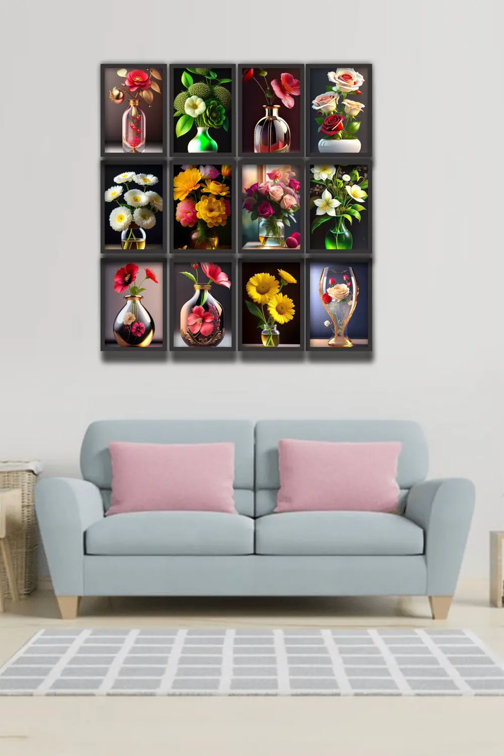 12 parça Vazo Çiçek Çerçeve Görünümlü Mdf tablo Duvar Süsü Hediye