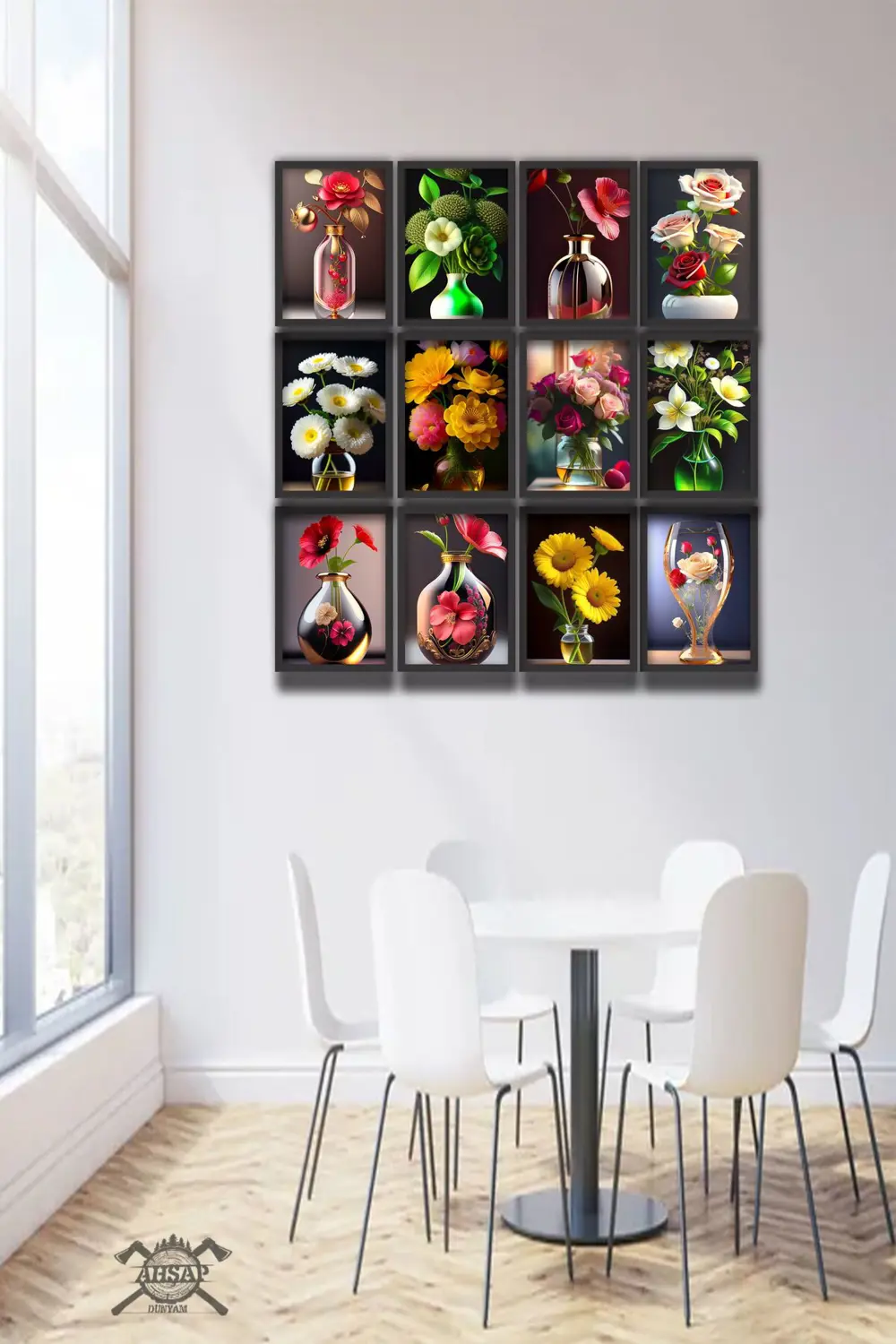 12 parça Vazo Çiçek Çerçeve Görünümlü Mdf tablo Duvar Süsü Hediye