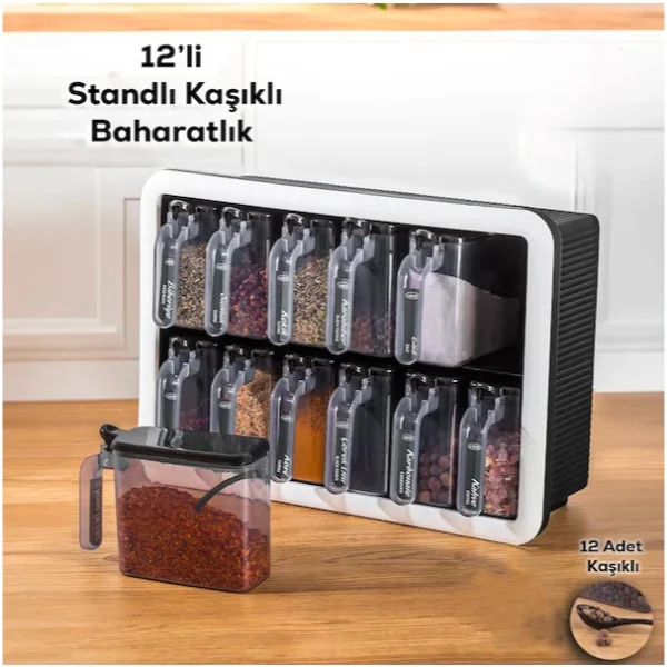 12 Parçalı Standlı Kaşıklı Baharatlık Seti