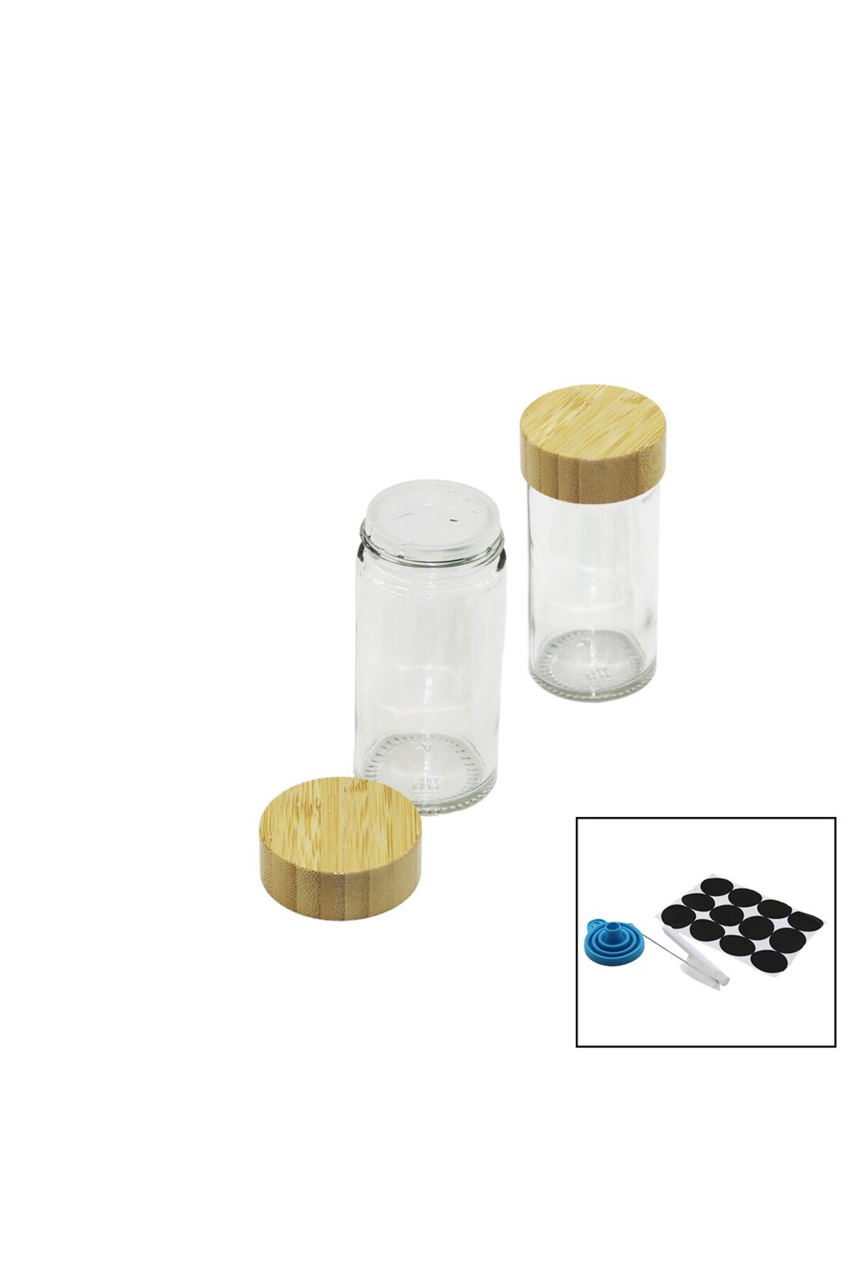 Ok Aksesuar 12 Pcs Takim Yuvarlak Cam Baharatlik - Tuzluk Bambu Kapakli Go506