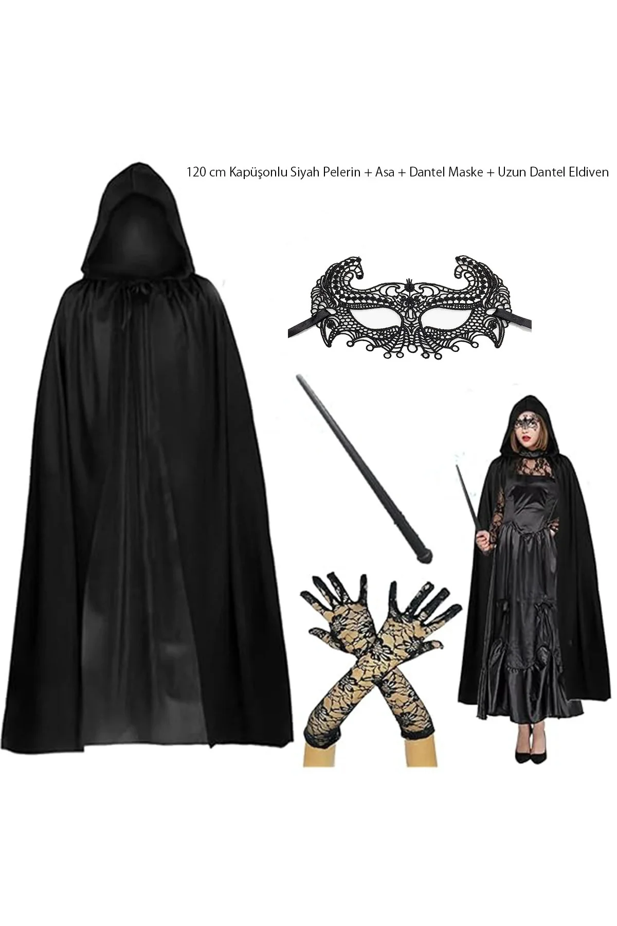 120 Cm Kapüşonlu Siyah Pelerin + Asa + Dantel Maske + Uzun Dantel