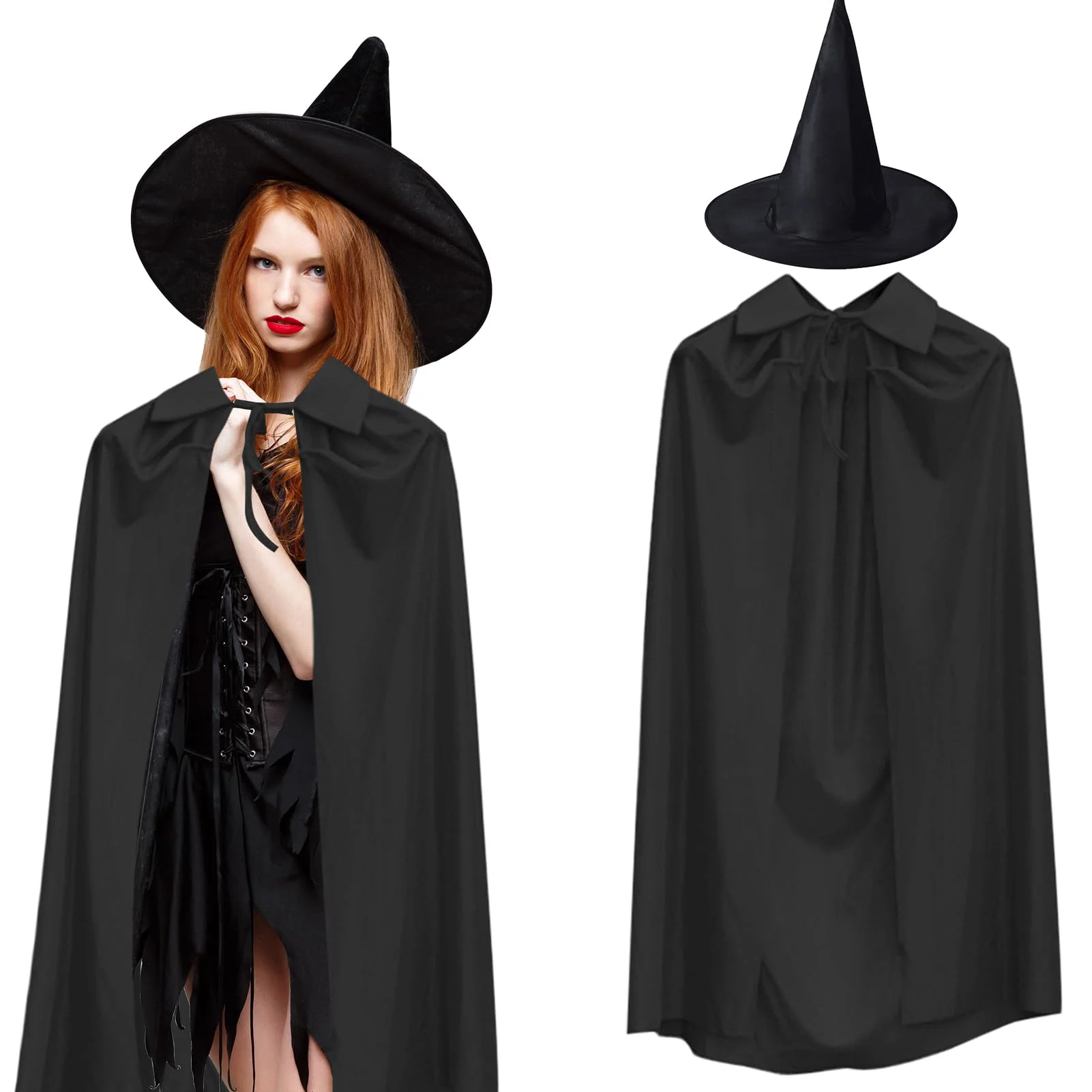120 cm Siyah Yakalı Pelerin ve Cadı Şapkası Kostüm Seti – Halloween Etkinlikleri