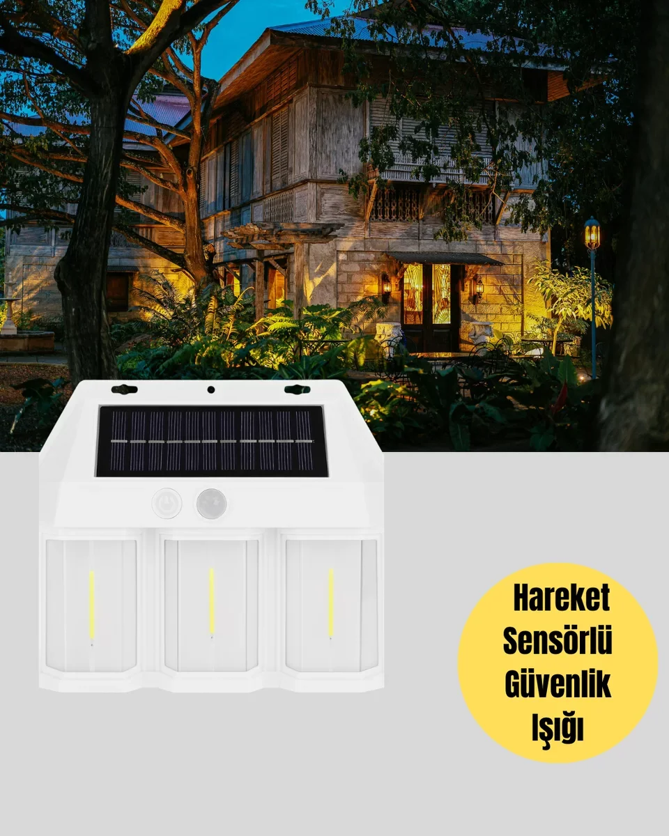 120° Hareket Algılamalı 3 Modlu Solar Duvar Lambası – Güvenli ve Otomatik Dış Mekan Işığı
