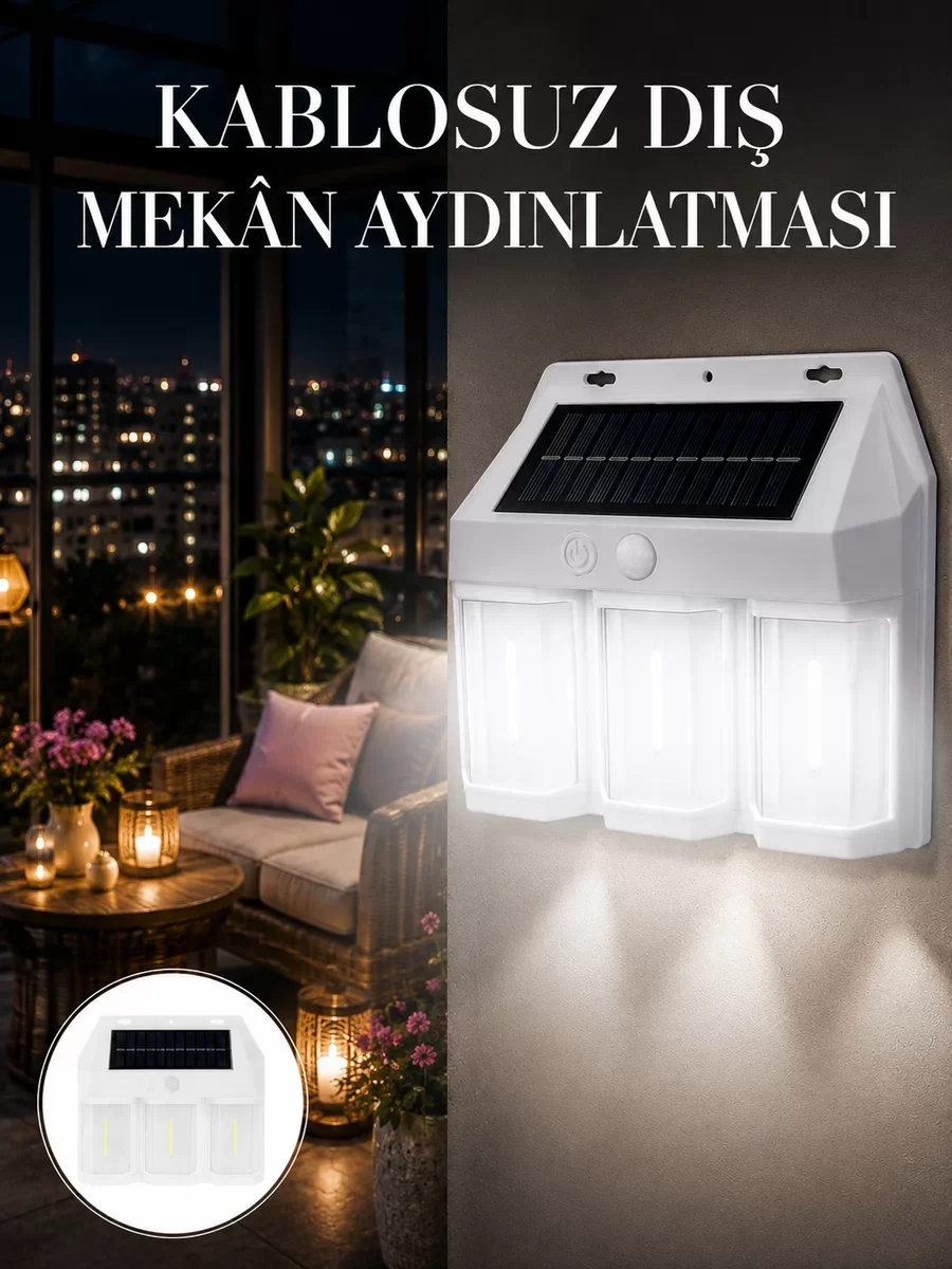 120° Hareket Algılamalı 3 Modlu Solar Duvar Lambası – Güvenli ve Otomatik Dış Mekan Işığı