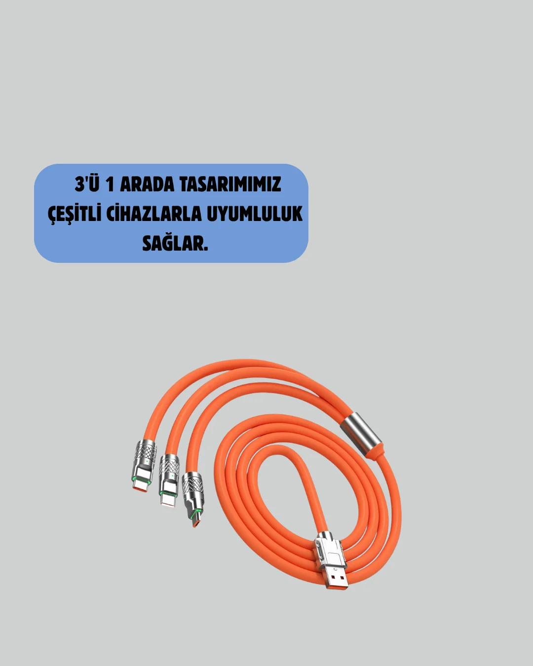 120 W Şarj ve Veri Aktarımı Kablo– 3 Başlıklı Çok Amaçlı Kablo Yü