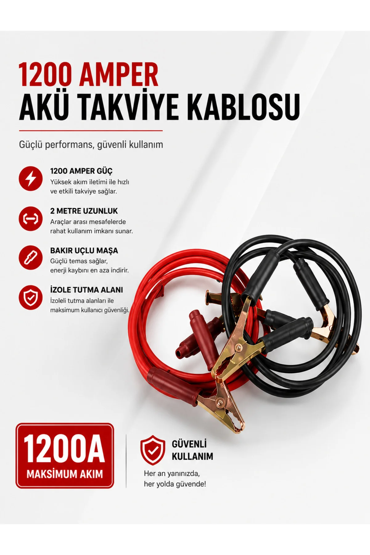 1200 Amper Akü Takviye Kablosu 2 Metre Bakır Uçlu